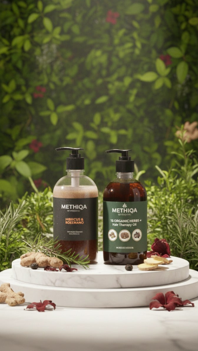 Hibiscus & Rosemary Shampoo + 15 Organic Herbs Hair Therapy Oil (500ml Each)